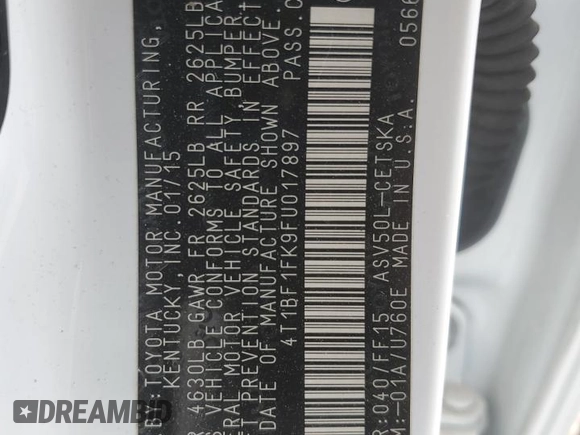 2015 Toyota Camry XLE with VIN 4T1BF1FK9FU017897, listed as a Copart auction lot 55285185 with 74,255 mi miles and Salvage Title. Bid and sale history available at DreamBid. Image 12.