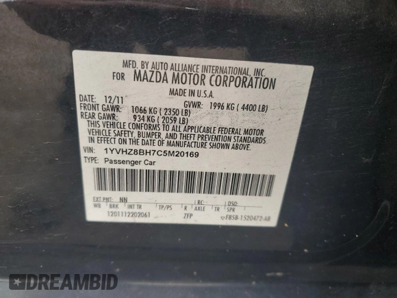 2012 Mazda 6 i Sport with VIN 1YVHZ8BH7C5M20169, listed as a Copart auction lot 58460465 with 198,143 mi miles and Clean title. Bid and sale history available at DreamBid. Image 12.