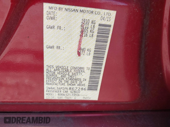 2015 Nissan Altima SL with VIN 1N4AL3AP1FN867286, listed as a IAAI auction lot 42025091 with 108,696 mi miles and . Bid and sale history available at DreamBid. Image 9.