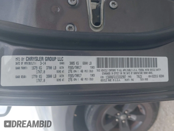 2014 Ram 1500 Tradesman with VIN 1C6RR6FG1ES332987, listed as a IAAI auction lot 41552524 with 217,684 mi miles and . Bid and sale history available at DreamBid. Image 9.