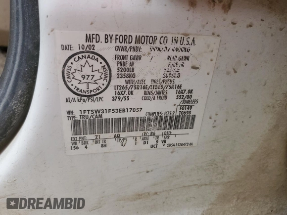 2003 Ford F-350 XL with VIN 1FTSW31F53EB17057, listed as a Copart auction lot 79045184 with Not Provided miles and Clean Title. Bid and sale history available at DreamBid. Image 14.