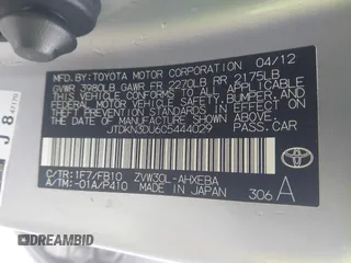 2012 Toyota Prius One with VIN JTDKN3DU6C5444029, listed as a IAAI auction lot 41895206 with 162,843 mi miles. Bid and sale history available at carsss.com. Image 9.