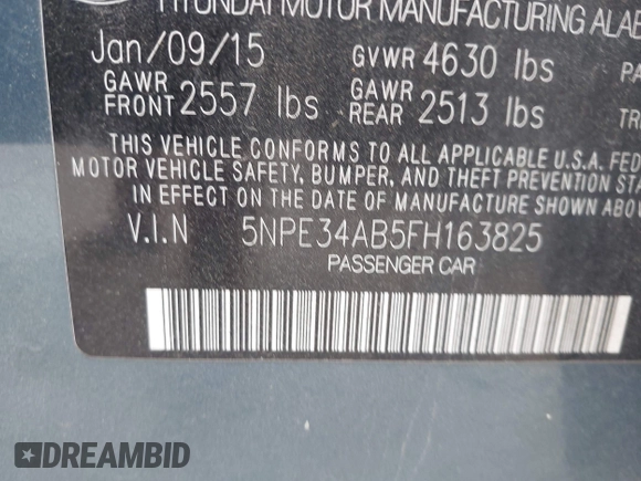 2015 Hyundai Sonata Sport with VIN 5NPE34AB5FH163825, listed as a IAAI auction lot 42013743 with Not Provided miles and . Bid and sale history available at carsss.com. Image 9.