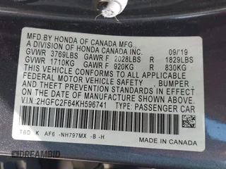2019 Honda Civic Sedan LX with VIN 2HGFC2F64KH596741, listed as a IAAI auction lot 41944706 with 88,832 mi miles. Bid and sale history available at carsss.com. Image 9.