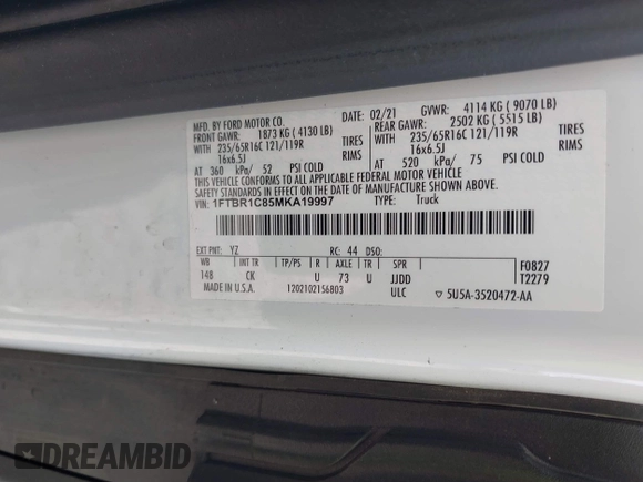 2021 Ford Transit Cargo with VIN 1FTBR1C85MKA19997, listed as a IAAI auction lot 41431285 with 61,158 mi miles and . Bid and sale history available at DreamBid. Image 9.