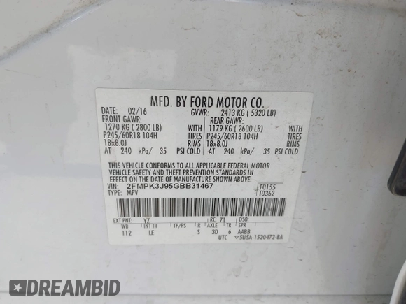 2016 Ford Edge SEL z VIN 2FMPK3J95GBB31467, wystawiony jako IAAI lot #42280106 z przebiegiem Nie podano mil oraz . Historia ofert i sprzedaży dostępna na DreamBid. Obrazek 9.