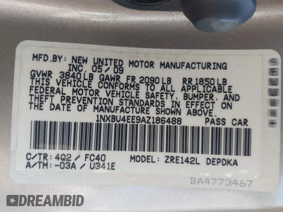 2010 Toyota Corolla with VIN 1NXBU4EE9AZ186488, listed as a IAAI auction lot 42422152 with 140,609 mi miles and . Bid and sale history available at DreamBid. Image 9.