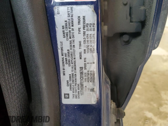 2012 GMC Canyon SLE1 with VIN 1GTH6MFE1C8106748, listed as a Copart auction lot 78178204 with 173,324 mi miles and Salvage Title. Bid and sale history available at DreamBid. Image 12.