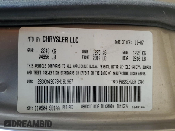 2008 Dodge Charger with VIN 2B3KA43G78H181967, listed as a Copart auction lot 55175125 with 249,188 mi miles and Salvage Title. Bid and sale history available at DreamBid. Image 12.
