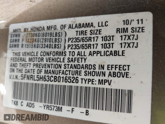 2012 Honda Odyssey EX-L with VIN 5FNRL5H63CB016526, listed as a IAAI auction lot 41701396 with 132,016 mi miles and . Bid and sale history available at carsss.com. Image 9.