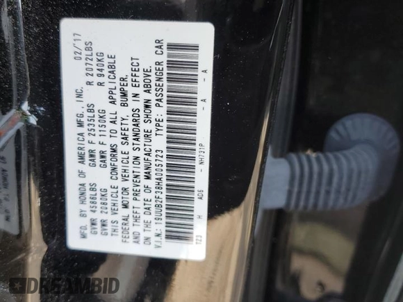 2017 Acura TLX V6 with VIN 19UUB2F38HA005723, listed as a Copart auction lot 47487995 with 0 mi miles and Salvage Title. Bid and sale history available at carsss.com. Image 12.
