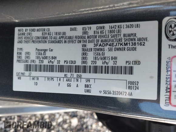2019 Ford Fiesta SE with VIN 3FADP4EJ7KM138162, listed as a IAAI auction lot 40754211 with 51,886 mi miles. Bid and sale history available at carsss.com. Image 9.