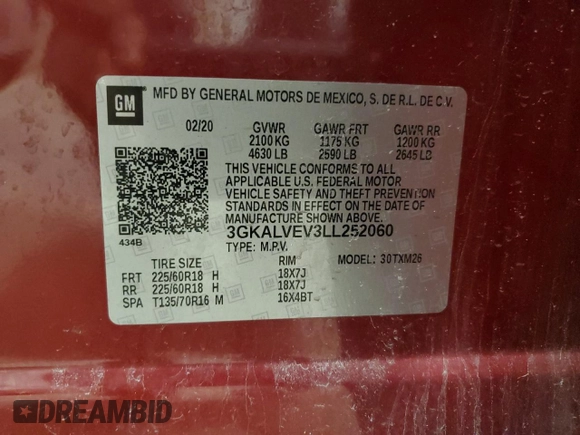 2020 GMC Terrain SLT with VIN 3GKALVEV3LL252060, listed as a Copart auction lot 53077015 with 75,126 mi miles and Salvage Title. Bid and sale history available at carsss.com. Image 13.