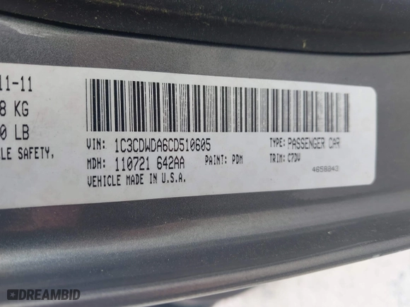 2012 Dodge Caliber SXT with VIN 1C3CDWDA6CD510605, listed as a IAAI auction lot 42104688 with 221,059 mi miles. Bid and sale history available at carsss.com. Image 9.