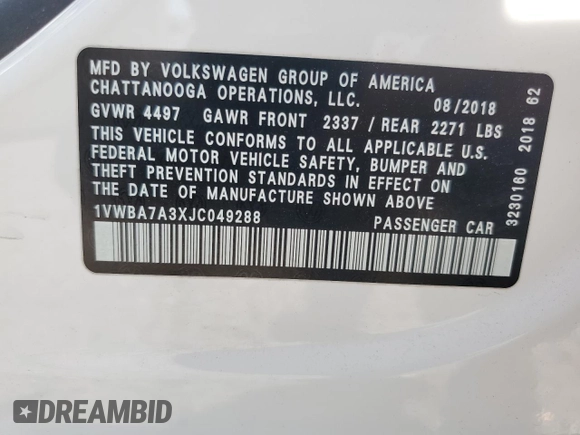2018 Volkswagen Passat SE с VIN 1VWBA7A3XJC049288, выставлен на аукционе Copart как лот 53351575 с пробегом 94 808 миль миль и Списание • Salvage title. История ставок и продаж доступна на DreamBid. Изображение 13.
