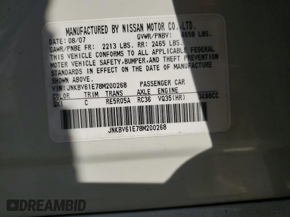 2008 Infiniti G35 Journey with VIN JNKBV61E78M200268, listed as a Copart auction lot 60559905 with Not provided miles and Salvage title. Bid and sale history available at DreamBid. Image 12.
