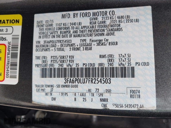 2015 Ford Fusion SE Hybrid with VIN 3FA6P0LU7FR254503, listed as a IAAI auction lot 42475860 with 169,980 mi miles and . Bid and sale history available at DreamBid. Image 9.