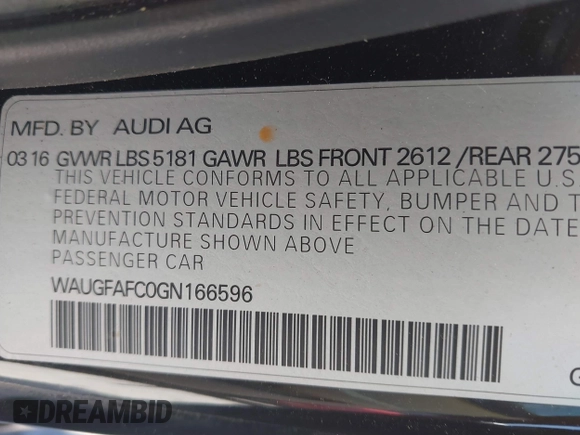 2016 Audi A6 Premium Plus with VIN WAUGFAFC0GN166596, listed as a IAAI auction lot 42526292 with 106,584 mi miles and . Bid and sale history available at DreamBid. Image 9.