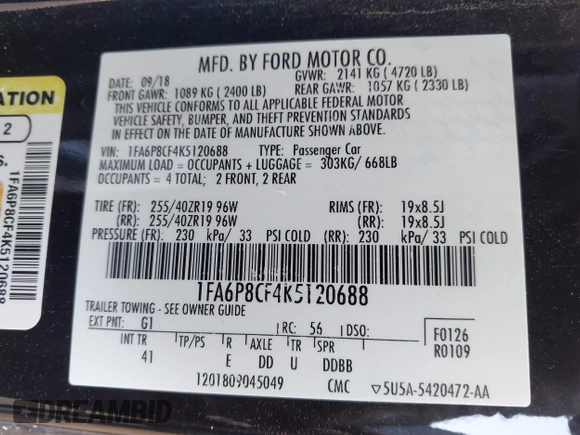 2019 Ford Mustang GT with VIN 1FA6P8CF4K5120688, listed as a IAAI auction lot 42268585 with 97,505 mi miles and . Bid and sale history available at DreamBid. Image 9.