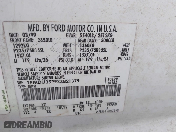 1999 Ford Explorer XLT с VIN 1FMDU35P9XZB21379, выставлен на аукционе IAAI как лот 41496418 с пробегом 265 612 миль миль и . История ставок и продаж доступна на DreamBid. Изображение 9.