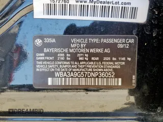 2013 BMW 3 Series 335i with VIN WBA3A9G57DNP36052, listed as a Copart auction lot 50204825 with 158,102 mi miles and Salvage title. Bid and sale history available at DreamBid. Image 13.
