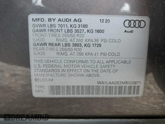 2021 Audi e-tron Premium Plus with VIN WA1LAAGE2MB020871, listed as a Copart auction lot 58136355 with 35,562 mi miles and Salvage title. Bid and sale history available at DreamBid. Image 13.