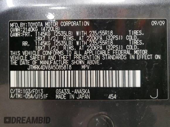 2010 Toyota RAV4 Sport with VIN JTMRK4DV8A5085818, listed as a Copart auction lot 51799295 with 115,109 mi miles and Salvage title. Bid and sale history available at DreamBid. Image 14.