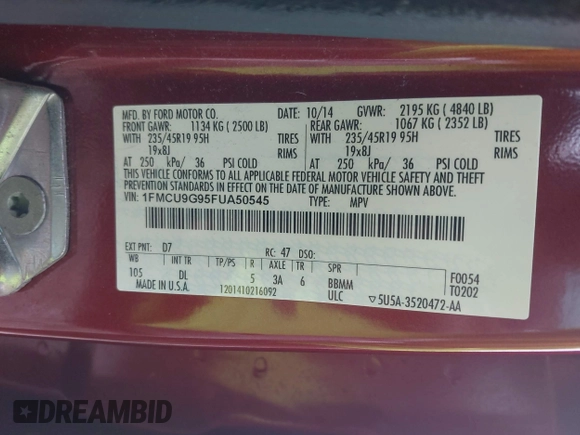 2015 Ford Escape SE with VIN 1FMCU9G95FUA50545, listed as a IAAI auction lot 41866861 with 116,188 mi miles and . Bid and sale history available at DreamBid. Image 9.