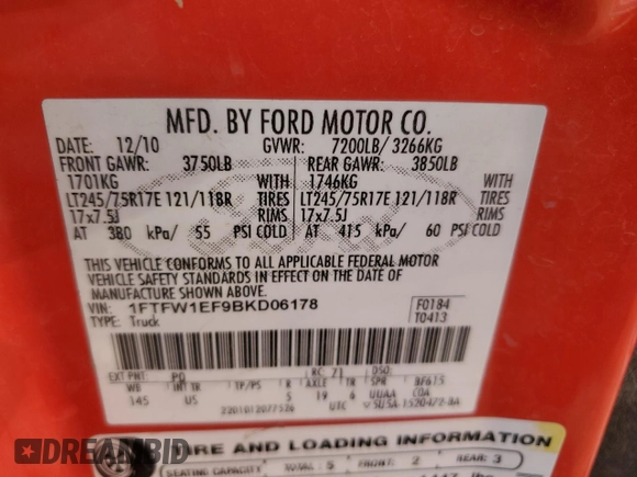 2011 Ford F-150 XL с VIN 1FTFW1EF9BKD06178, выставлен на аукционе Copart как лот 83381524 с пробегом Не указан миль и Списание • Salvage title. История ставок и продаж доступна на DreamBid. Изображение 13.