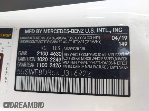 2019 Mercedes-Benz C 300 with VIN 55SWF8DB5KU316922, listed as a IAAI auction lot 41522138 with 96,038 mi miles and . Bid and sale history available at DreamBid. Image 9.