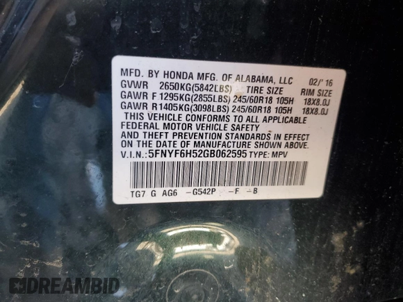 2016 Honda Pilot EX-L with VIN 5FNYF6H52GB062595, listed as a Copart auction lot 49631345 with 67,927 mi miles and Salvage Title. Bid and sale history available at DreamBid. Image 16.