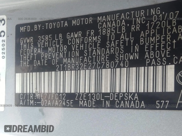 2007 Toyota Corolla CE with VIN 2T1BR32E27C780740, listed as a IAAI auction lot 40671746 with Not Provided miles and . Bid and sale history available at DreamBid. Image 9.