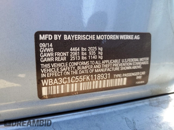 2015 BMW 3 Series 328i with VIN WBA3C1C55FK118931, listed as a Copart auction lot 64058985 with 171,332 mi miles and Salvage title. Bid and sale history available at DreamBid. Image 12.