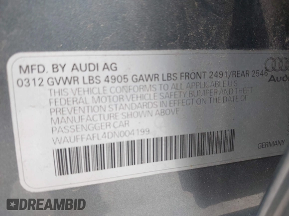 2013 Audi A4 Premium Plus with VIN WAUFFAFL4DN004199, listed as a IAAI auction lot 42286428 with 112,808 mi miles and . Bid and sale history available at DreamBid. Image 9.