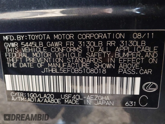 2011 Lexus LS 460 z VIN JTHBL5EF0B5108018, wystawiony jako IAAI lot #42066810 z przebiegiem 139 768 mil mil oraz . Historia ofert i sprzedaży dostępna na DreamBid. Obrazek 9.