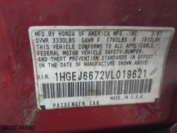 1997 Honda Civic LX "O" w/Air with VIN 1HGEJ6672VL019621, listed as a IAAI auction lot 42081226 with 194,957 mi miles. Bid and sale history available at carsss.com. Image 9.