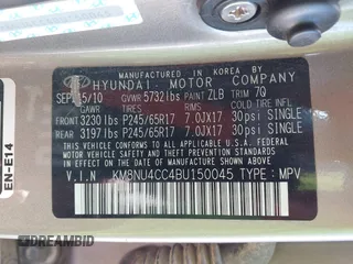 2011 Hyundai Veracruz Limited with VIN KM8NU4CC4BU150045, listed as a IAAI auction lot 42739309 with 131,074 mi miles and . Bid and sale history available at DreamBid. Image 9.