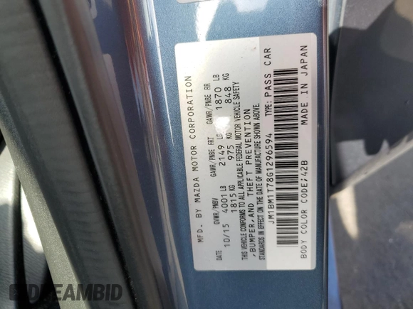 2016 Mazda 3 i Sport with VIN JM1BM1T78G1296594, listed as a Copart auction lot 51277025 with 110,974 mi miles and Non Repairable. Bid and sale history available at DreamBid. Image 12.