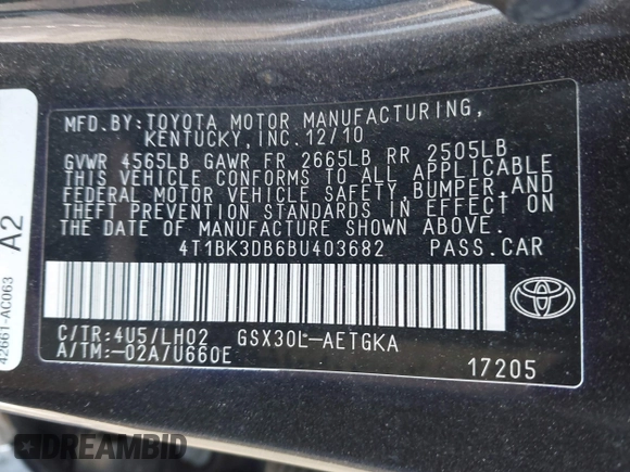 2011 Toyota Avalon with VIN 4T1BK3DB6BU403682, listed as a IAAI auction lot 41928488 with 194,490 mi miles and . Bid and sale history available at DreamBid. Image 9.