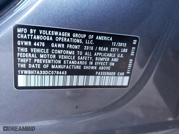 2013 Volkswagen Passat SE w/Sunroof with VIN 1VWBH7A33DC079443, listed as a Copart auction lot 43699995 with 88,620 mi miles and Salvage Title. Bid and sale history available at carsss.com. Image 14.