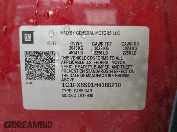 2017 Chevrolet Bolt EV Premier with VIN 1G1FX6S01H4166210, listed as a Copart auction lot 60314705 with 42,703 mi miles and Non repairable. Bid and sale history available at DreamBid. Image 13.