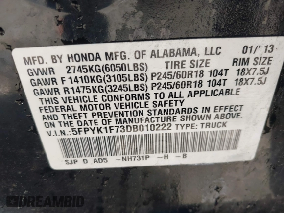 2013 Honda Ridgeline Sport z VIN 5FPYK1F73DB010222, wystawiony jako IAAI lot #42296796 z przebiegiem 179 476 mil mil oraz . Historia ofert i sprzedaży dostępna na DreamBid. Obrazek 9.