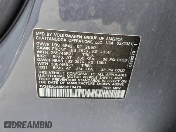 2021 Volkswagen Atlas SEL with VIN 1V2SE2CA8MC219429, listed as a Copart auction lot 51697165 with 70,788 mi miles and Salvage title. Bid and sale history available at DreamBid. Image 14.