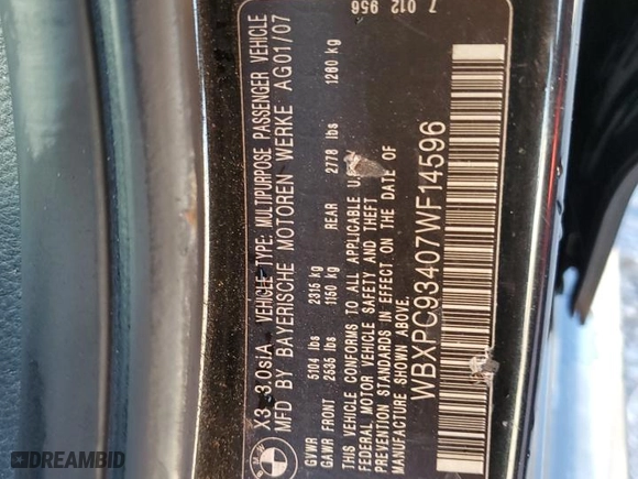 2007 BMW X3 3.0si with VIN WBXPC93407WF14596, listed as a Copart auction lot 86852514 with 193,684 mi miles and Salvage Title. Bid and sale history available at carsss.com. Image 13.