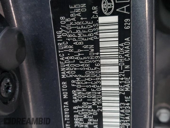 2009 Toyota Matrix with VIN 2T1KU40E39C076394, listed as a Copart auction lot 88541355 with 142,020 mi miles and Clean Title. Bid and sale history available at DreamBid. Image 12.