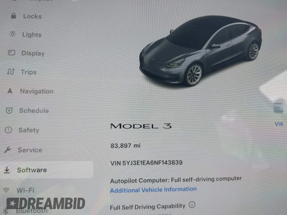 2022 Tesla Model 3 with VIN 5YJ3E1EA6NF143839, listed as a IAAI auction lot 40905007 with 83,897 mi miles and . Bid and sale history available at DreamBid. Image 7.