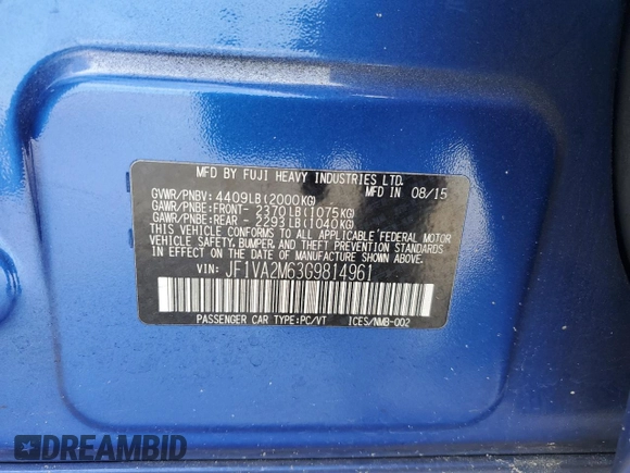 2016 Subaru WRX STI with VIN JF1VA2M63G9814961, listed as a Copart auction lot 49409805 with 104,214 mi miles and Salvage title. Bid and sale history available at DreamBid. Image 13.