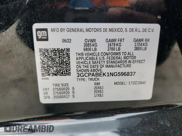 2022 Chevrolet Silverado 1500 Custom with VIN 3GCPABEK1NG596837, listed as a Copart auction lot 55095305 with 32,919 mi miles and Salvage Title. Bid and sale history available at DreamBid. Image 12.