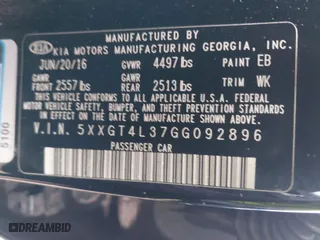 2016 Kia Optima LX with VIN 5XXGT4L37GG092896, listed as a IAAI auction lot 41785417 with 51,196 mi miles. Bid and sale history available at carsss.com. Image 9.