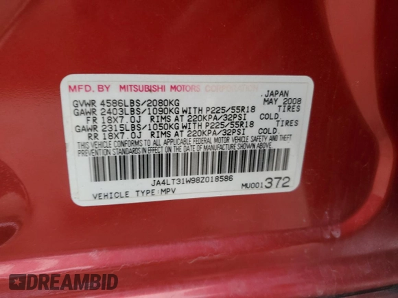 2008 Mitsubishi Outlander SE z VIN JA4LT31W98Z018586, wystawiony jako Copart lot #48254525 z przebiegiem 152 307 mil mil oraz Szkoda całkowita • Salvage title. Historia ofert i sprzedaży dostępna na DreamBid. Obrazek 13.